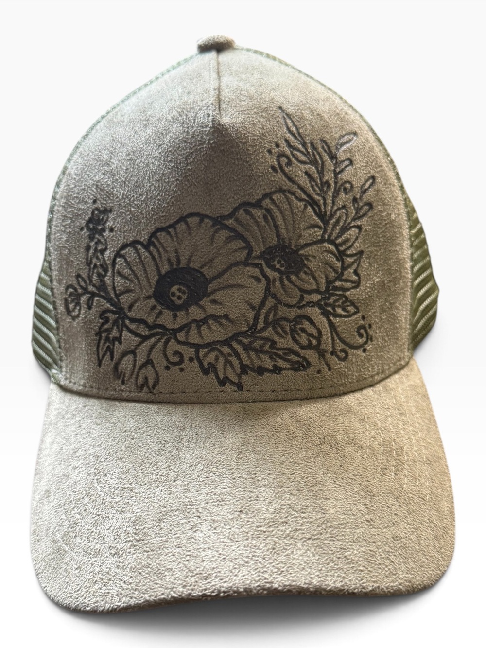 Artisan Pyrography Botanical Suede Trucker Hat